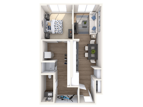 a 3d rendering of a 1 bedroom floor plan with a bathroom and living room